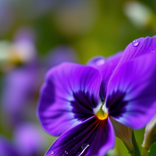 high-resolution close-up of a purple pansy flower with water droplets, soft focus background, natural light, aperture f/2.8, shutter speed 1/125s, ISO 200, DSLR camera, macro lens