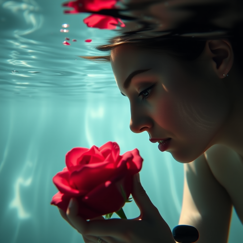 A woman underwater, gazing at a rose Her face is reflected in the water's surface The scene is illuminated by sunlight filtering through the water The atmosphere is serene and contemplative