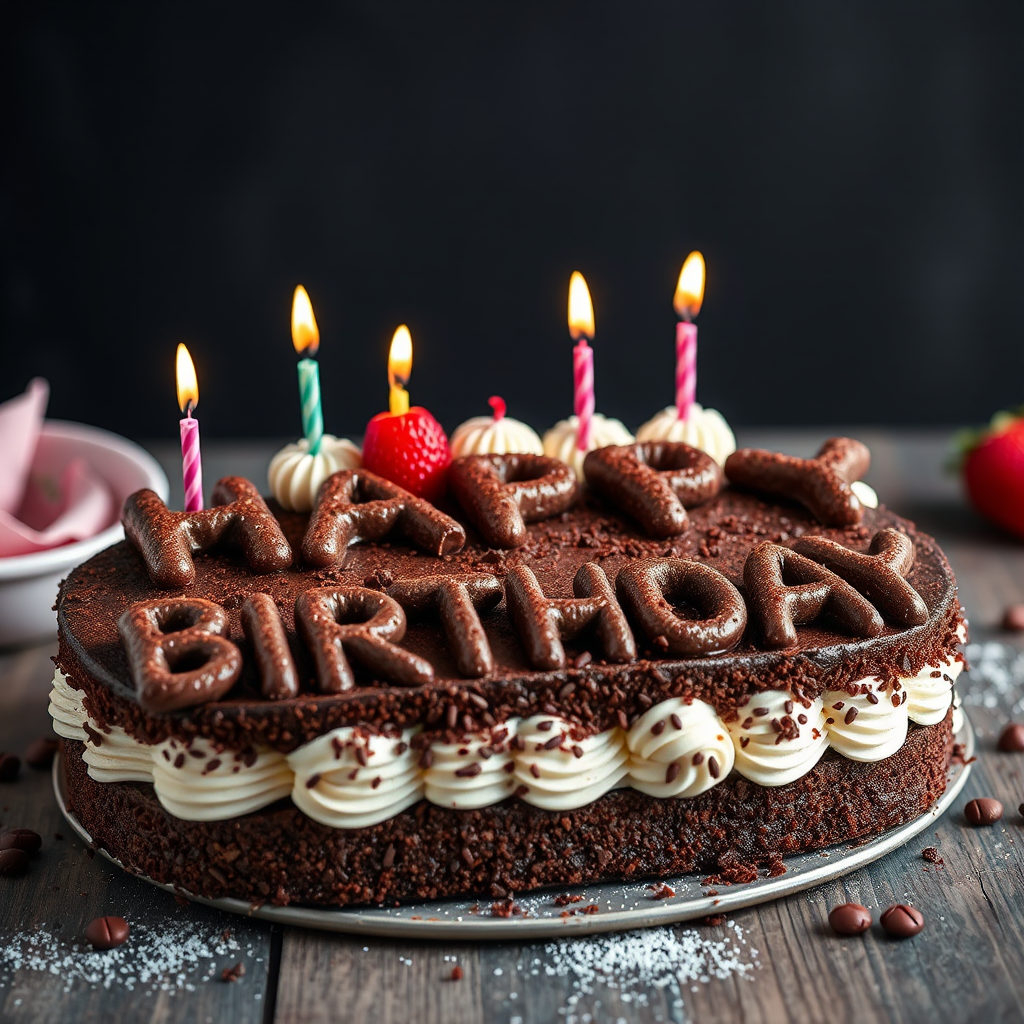 black forest gateau cake, spelling out the words "HAPPY BDAY", tasty, food photography, dynamic shot