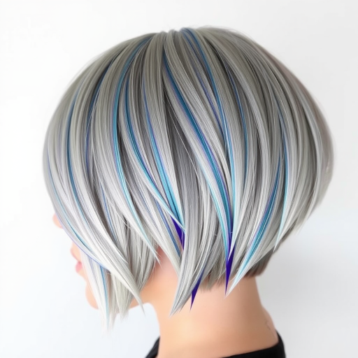Striking silver-gray bob with razor-sharp edges and metallic blue streaks, embodying futuristic elegance, known as "Chromatic Crescendo"