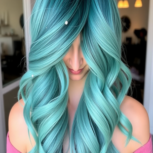 Mermaid-esque hair style revealing long teal ombre waves styled in a side-swept manner with pearlescent accents