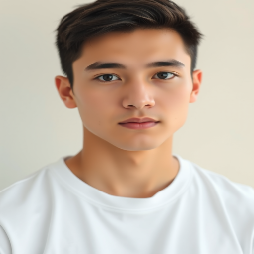 portrait of a young man with short dark hair wearing a plain white t-shirt against a soft neutral background, natural lighting, shallow depth of field, 50mm lens, aperture f/1.8, ISO 100, 1/200s, DSLR camera