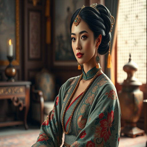 A beautiful Nubian woman in traditional East Asian attire, intricately detailed with embroidered patterns, sitting gracefully in a richly decorated room, soft ambient lighting, serene and elegant, ultra-realistic, 8K resolution