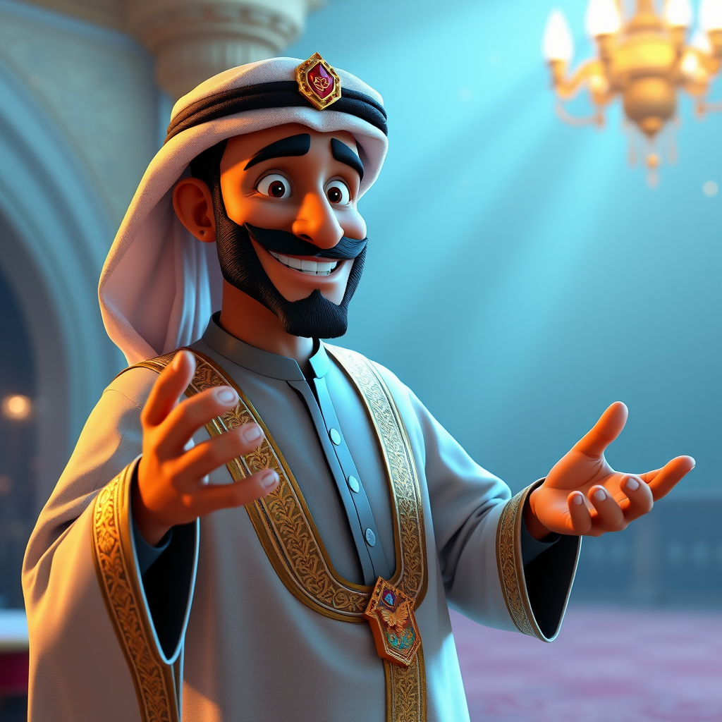 Create a 3D rendering of a wealthy Arab male sheikh from Dubai, inspired by the Disney animation style. The sheikh must have a smile and a playful but wise character. Place your character in an atmosphere of wealth and luxury. The image must be in high resolution format. Dynamic pose above the waist, gesturing with hands (Pixar Art style)++ highly detailed digital painting, art stations, concept art, soft focus, hard focus, illustrations. cinematic, visual effects, HDR, Unreal Engine 5, ray tracing, soft light, 8k, high detail, sparkling backlighting, luxury gem, game art, 3d, cartoon, colorful, magical, mysterious