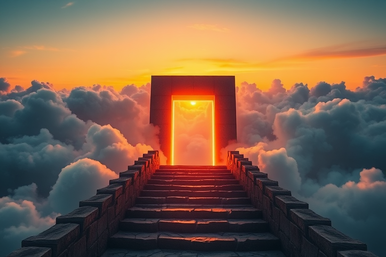 Create a surreal scene of a glowing rectangular portal surrounded by fluffy clouds at sunset, featuring a stone staircase leading up to it, with camera settings of f/8, ISO 100, shutter speed 1/125s, in a wide-angle view using a DSLR camera in vibrant colors and high dynamic range.