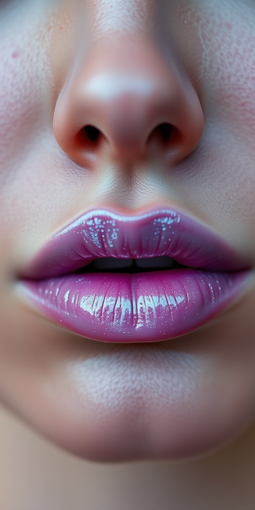 Ethereal woman lips enhanced with pearlescent lavender gloss, full face capture evoking mystical aura and otherworldly beauty