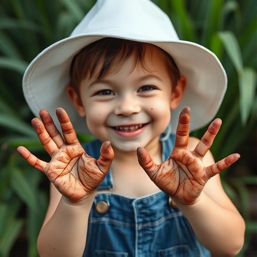 A cheerful child with muddy hands smiling at the camera, wearing a white sun hat and denim overalls, surrounded by lush greenery, captured with a Canon EOS R5, 50mm lens, f/1.8 aperture, ISO 100, and soft natural lighting.