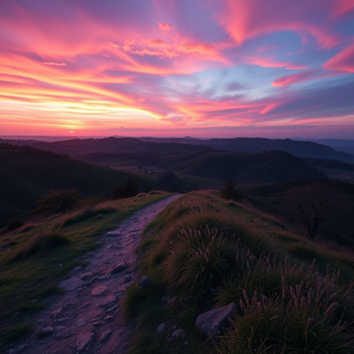 Create a high-resolution image of a serene landscape at sunset with vibrant colors, using a Canon EOS R5, 50mm lens, aperture f/2.8, ISO 100, and a tripod for stability.