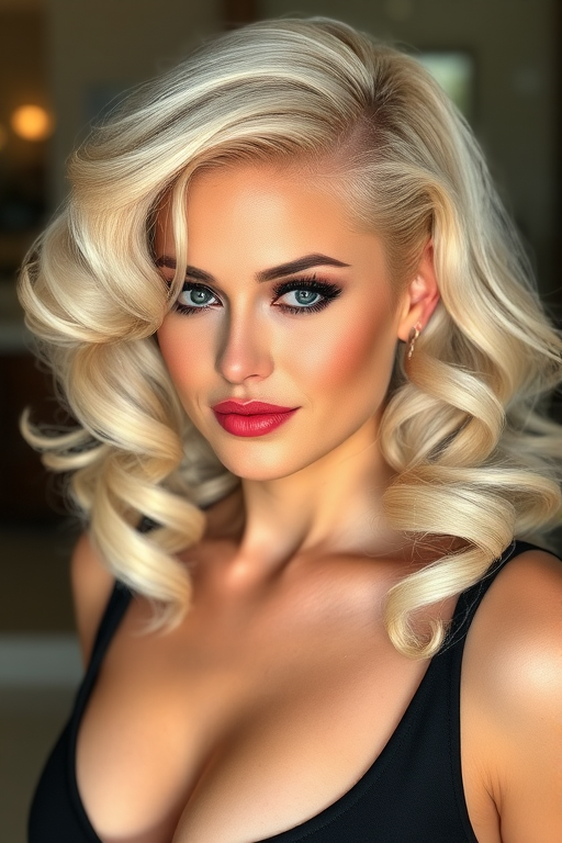 Platinum blonde bombshell flaunting a glamorous Hollywood-inspired hairstyle with voluminous curls, side-swept bangs, and a deep side part for added drama