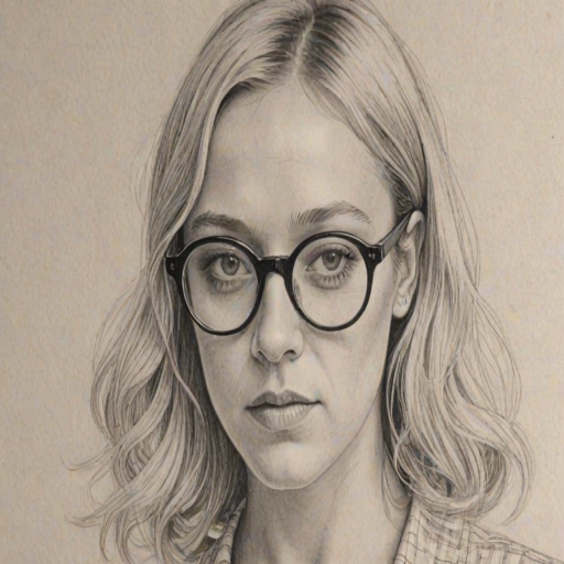 Pleasing Chloe Sevigny, pencil sketch, portrait of Splendid woman 1957s in glasses, hair style beatnik, outline, clear lines, fine lines, 8k