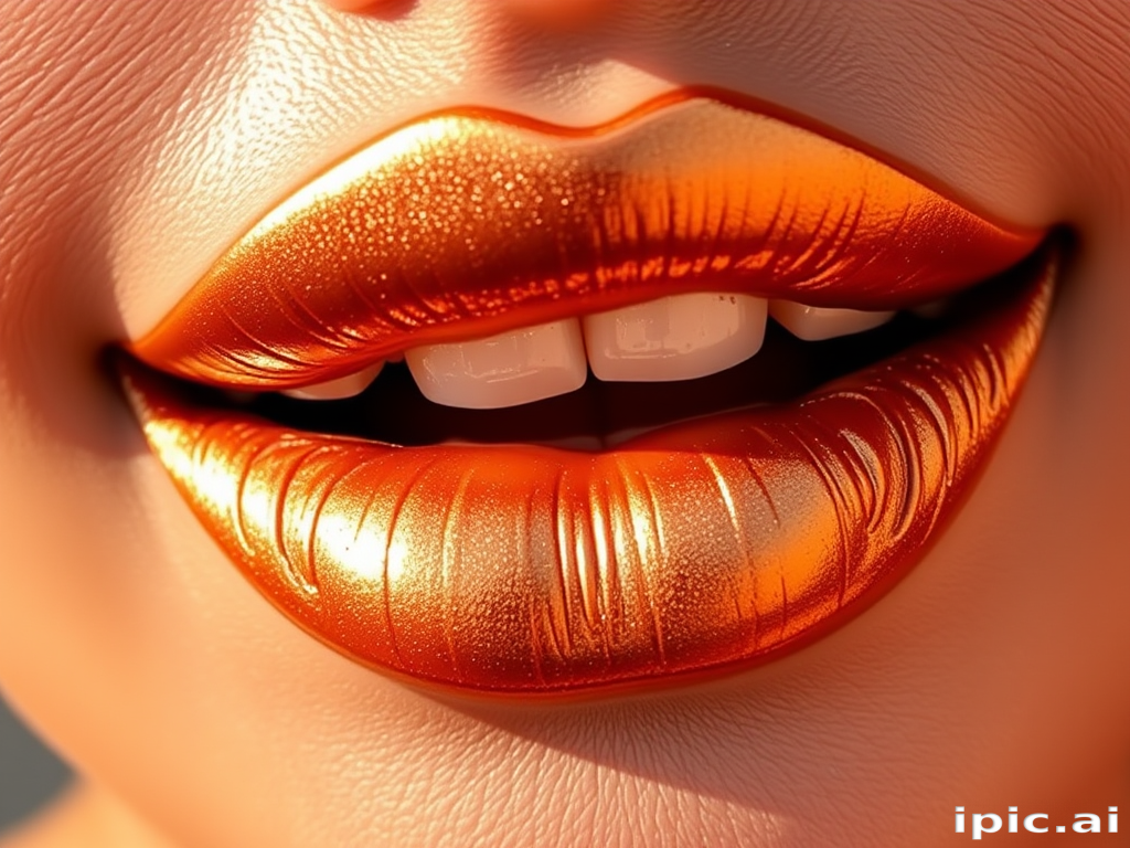 Metallic bronze lips gleam with sun-kissed radiance in the "Golden Hour Glow" look, featuring a warm, shimmering finish that captures the essence of late afternoon sunlight, creating a luxurious and flattering lip color that complements a wide range of skin tones and adds a touch of glamour to any makeup look