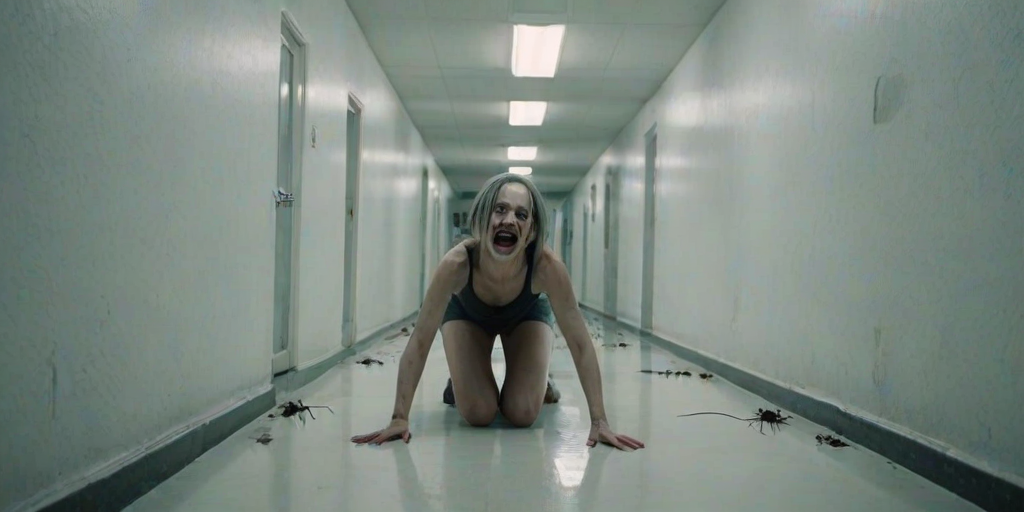 a crooked female with long arms and a creepy smile is crawling along a long white corridor and you can also see cockroaches in it there is a creepy atmosphere creepy art style