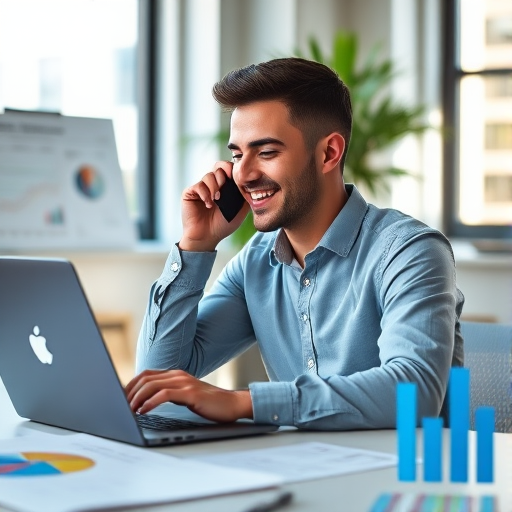 A professional young man talking on the phone while working on a laptop in a bright, modern office with charts and graphs on the table, natural light streaming in from a window, 50mm lens, f/1.8, ISO 200, 1/100s, captured with a DSLR camera.