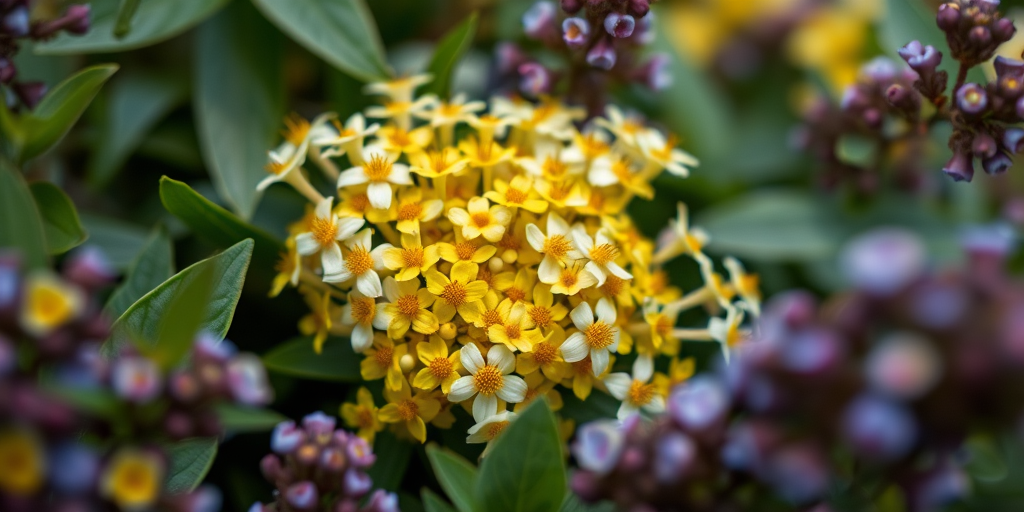 Close-up shot of a vibrant cluster of yellow and white flowers surrounded by green leaves and purple blossoms, captured with a Canon EOS 5D Mark IV, 50mm lens, aperture f/2.8, ISO 100, with soft natural lighting and a shallow depth of field for enhanced detail.