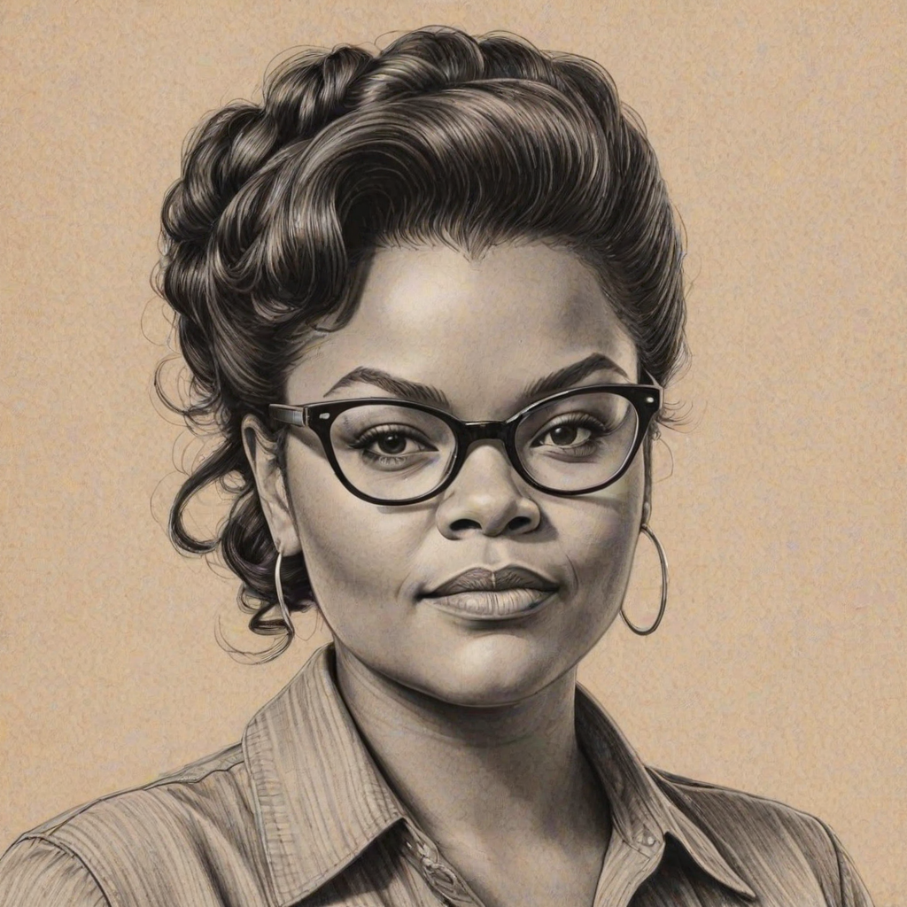 Charming Yvette Nicole Brown, pencil sketch, portrait of Splendid woman 1950s in glasses, hair style beatnik, outline, clear lines, fine lines, 8k