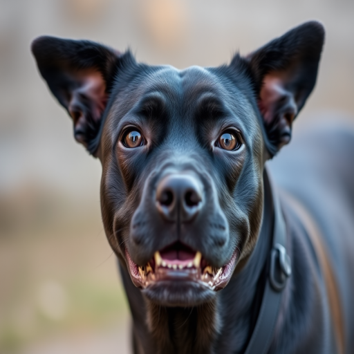 Regenerate an image of a black dog with an expressive face, captured in natural light, using a DSLR camera with a 50mm lens, aperture set to f/1.8, ISO 200, and a shallow depth of field to emphasize the dog's features against a blurred background.