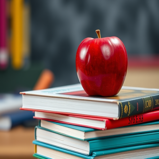 Create an image of a shiny red apple on top of a stack of school books with a blurred background, using a Canon EOS 5D Mark IV camera, 50mm lens, f/1.8 aperture, 1/125 sec shutter speed, ISO 100, shot from a slightly above angle to emphasize the apple and books, with vibrant colors and sharp focus.