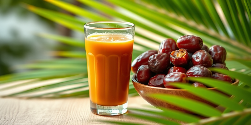 a glass of fresh date juice next to a bowl of dates on a wooden table, surrounded by green palm leaves, soft natural lighting, macro lens, aperture f/2.8, shutter speed 1/60s, ISO 100, DSLR camera, slight vignette effect for depth