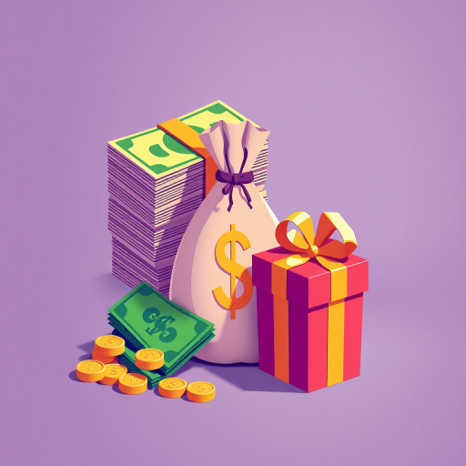 Create a high-quality vector illustration of a stack of cash, a bag of money with a dollar sign, and a gift box in a flat design style with vibrant colors, using a Canon EOS R camera with a 50mm lens, aperture set to f/2.8, ISO 100, at a 45-degree angle for a dynamic view.