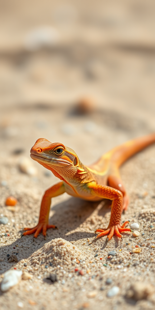 Lizard on a sandy beach, vibrant colors, sharp focus, natural light, Canon EOS 5D Mark IV, 85mm lens, aperture f/4, ISO 200, shutter speed 1/500s, macro view for detail enhancement.