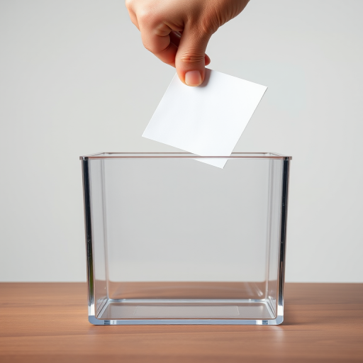 Generate an image of a transparent ballot box with a red-marked ballot being dropped in, using a DSLR camera type, 50mm lens, f/2.8 aperture, ISO 100, and 1/60 second shutter speed to enhance clarity and detail.