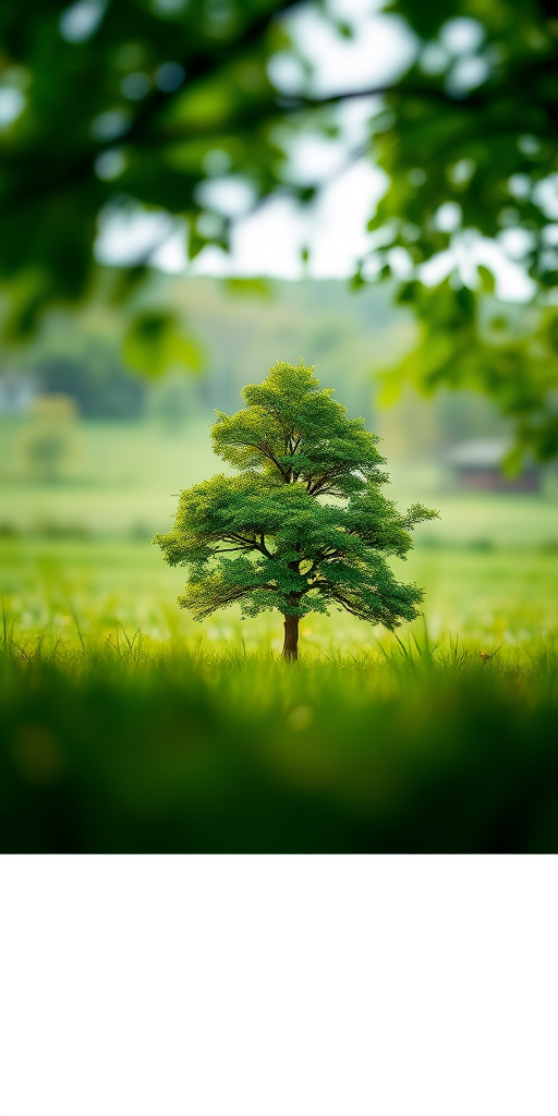 Generate a high-quality image of a stylized tree in a lush green landscape using a DSLR camera with a 50mm lens, aperture at f/1.8, ISO 100, and a shallow depth of field to create a bokeh effect, shot from a low angle view to emphasize the tree's height.