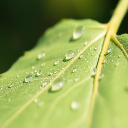 Capture a close-up of a dewy leaf with intricate textures, soft focus, natural light, aperture f/2.8, shutter speed 1/125s, ISO 200, with a vintage film camera effect and a dreamy pastel color palette.