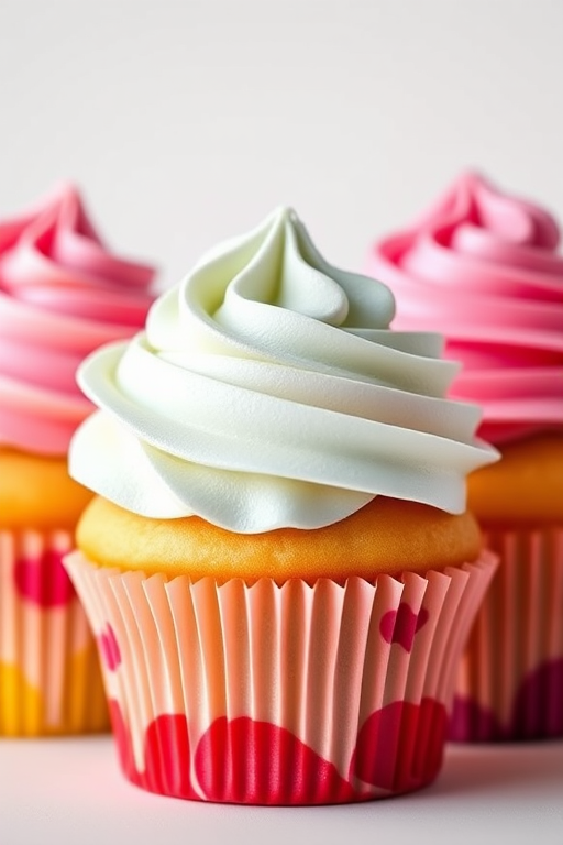 Create a vibrant illustration of three cupcakes with different frosting styles, using a Canon EOS 5D Mark IV, 50mm lens, f/1.8 aperture, ISO 100, in a bright studio setting with soft lighting and a shallow depth of field.