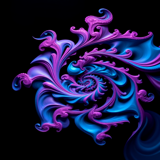 Create a vibrant fractal design with swirling shapes in shades of blue and pink against a black background, using a Canon EOS R5 with a 50mm f/1.2 lens at ISO 100, f/8, and a shutter speed of 1/200 sec, in a macro style with a focus on intricate details and sharp contrast.
