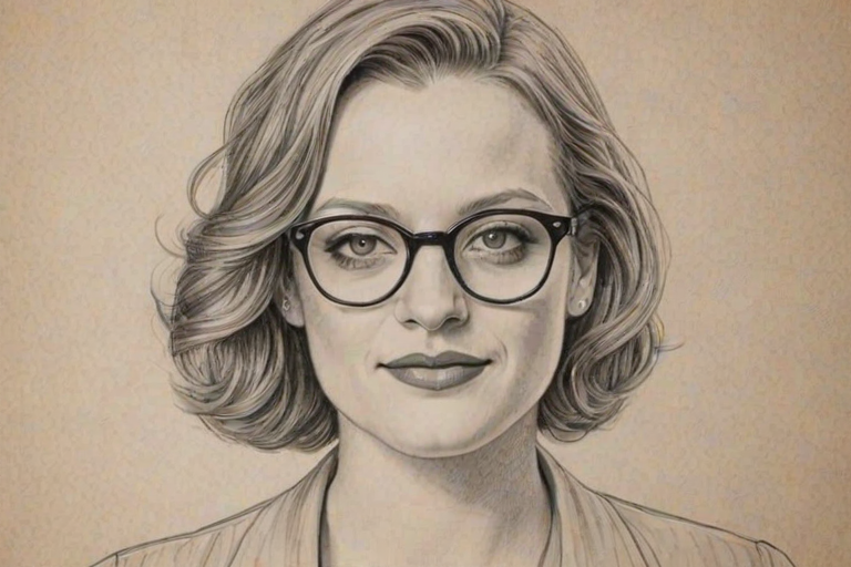 Radiant Elizabeth Moss, pencil sketch, portrait of Delightful woman 1935s in glasses, hair style beatnik, outline, clear lines, fine lines, 8k