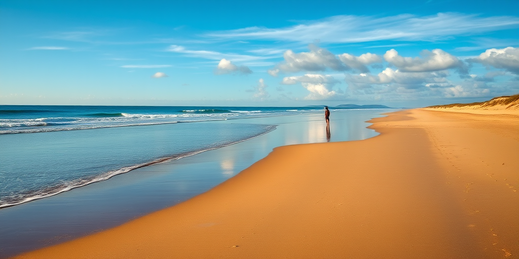 A serene beach scene with a person walking along the shore, golden sands and gentle waves reflecting a blue sky with clouds, shot with a Canon EOS R5 at f/8, ISO 100, 1/250s, in landscape orientation and natural lighting for vibrant detail.