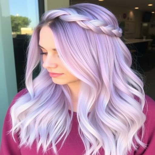 Pastel lavender ombré known as "Twilight Dream" gradually fading into silver tips, styled in loose beachy waves with a crown braid for whimsical charm