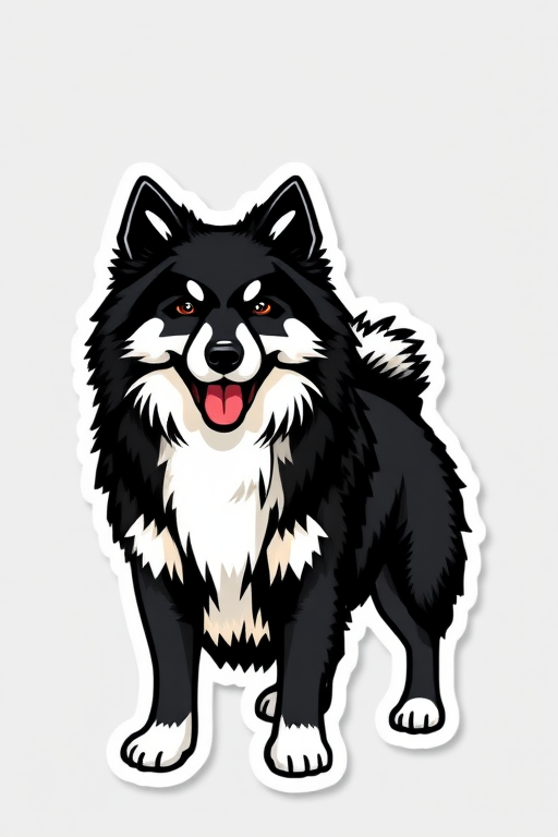this image is sticker, 3D black and white finnish spitz dog breed, grey background