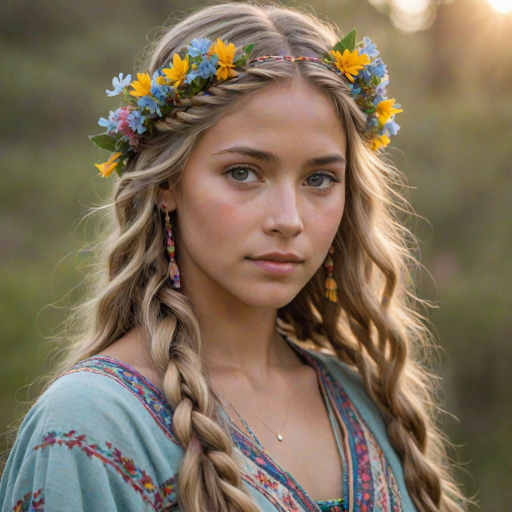 Create an image of a young Quechua woman with long, wavy blonde hair, adorned with small, colorful flowers woven into her braids and loose strands. Her complexion is fair, with soft, glowing skin, and she has light blue eyes that gaze softly at the viewer. She wears a light, flowing dress with a gentle, ethereal quality, complementing her delicate and serene appearance. The background is slightly blurred, drawing focus to her tranquil expression and the intricate details of the flowers in her hair. The overall mood of the image is one of natural beauty and grace, evoking a sense of peacefulness and connection with nature.