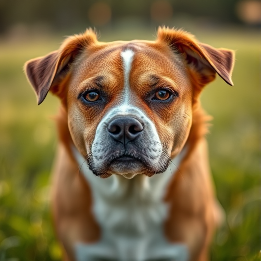 a close-up portrait of a brown and white dog with a serious expression in a grassy field, natural light, aperture f/2.8, ISO 200, shutter speed 1/500s, shallow depth of field, captured with a DSLR camera using a 50mm lens