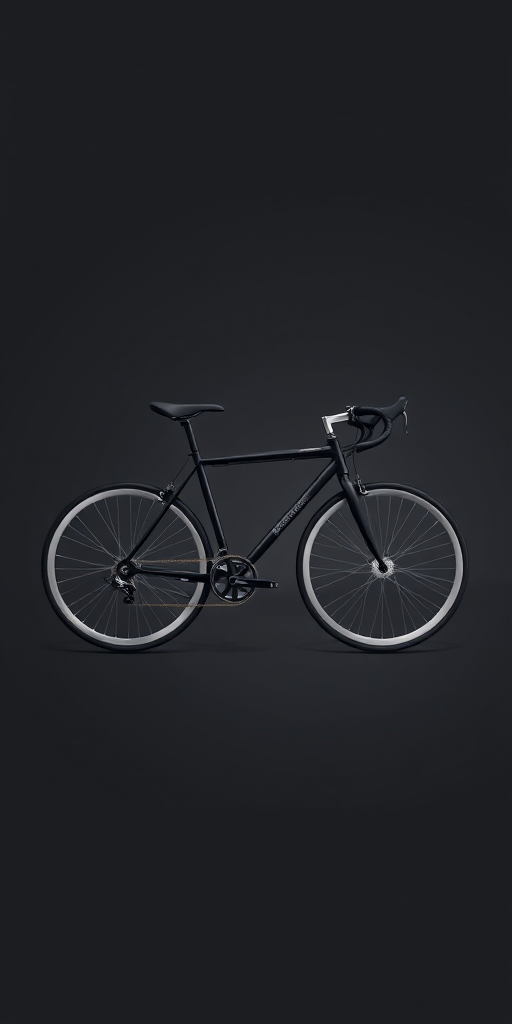 A high-resolution illustration of a minimalist black bicycle with silver wheels on a dark grey background, captured with a DSLR camera at f/8 aperture, ISO 100, 50mm lens, side view, using a softbox lighting style to enhance details and contrast.
