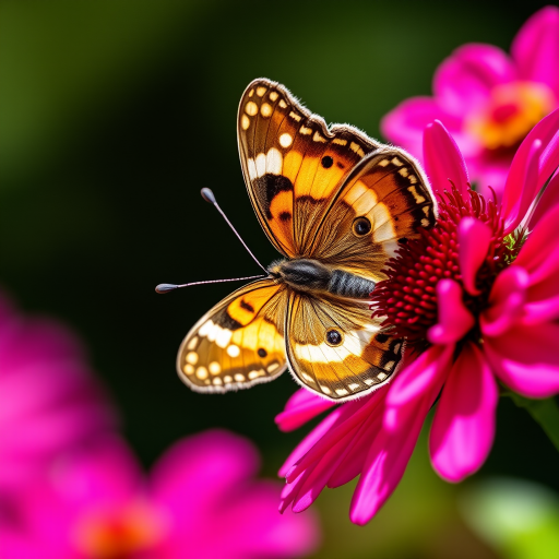 macro shot of a butterfly resting on a vibrant flower with soft background bokeh, f/2.8 aperture, 1/200 sec shutter speed, ISO 100, 50mm lens, natural lighting, DSLR camera.