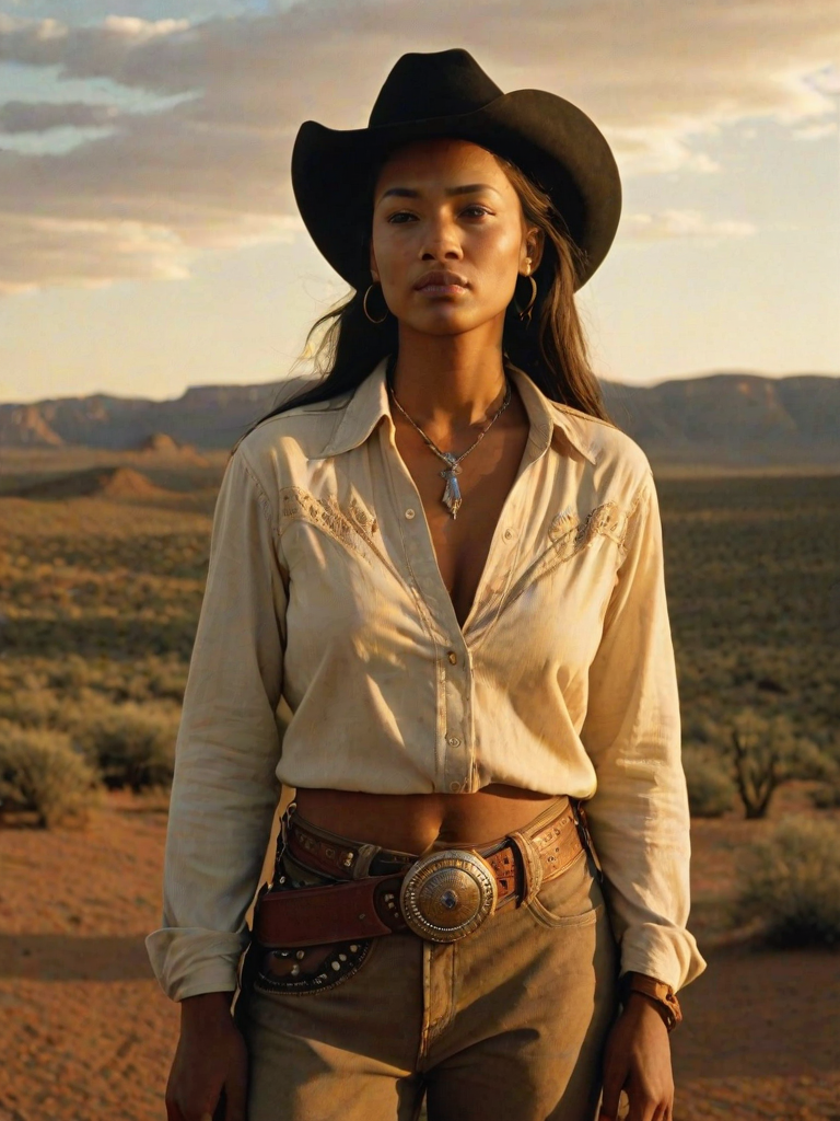 Dramatic photo of a beautiful Kikuyu woman, classic cowboy attire, confident and free spirit expression, half-length portrait, centered, golden hour desert landscape, warm, diffused light, low angle, medium format film camera, in style of Annie Leibovitz.