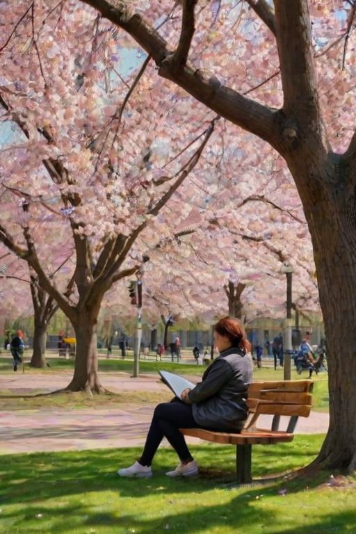 Vibrant city park in spring, cherry blossoms in full bloom, a woman sits on a bench under a large tree, her dog resting at her feet as she sketches the lively scene around her.