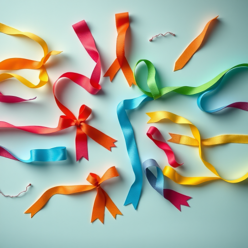 create a flat lay image of various colorful ribbons arranged in a creative pattern with a soft focus background, natural lighting, captured with a Canon EOS R5, 50mm lens, aperture f/2.8, ISO 100, shot from an aerial view