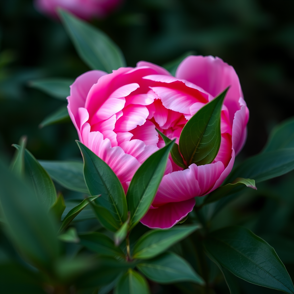 Capture a close-up of a blooming pink peony surrounded by green leaves, using a Canon EOS 5D Mark IV with a 50mm f/1.8 lens, aperture set to f/2.8, ISO 100, natural lighting, shallow depth of field for a soft background blur.