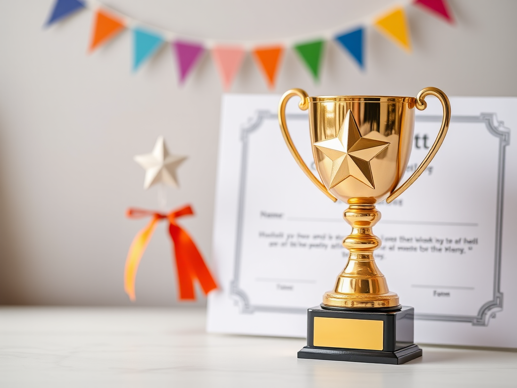 create an image of a gold trophy with a star in the center next to a blank certificate decorated with colorful bunting, shot with a DSLR camera at f/4, ISO 100, 50mm lens, with soft natural lighting and a shallow depth of field