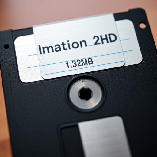 Create a high-resolution image of a black 3.5-inch floppy disk with a silver label reading "Imation 2HD IBM 1.44MB", captured in macro view at 100mm focal length, aperture f/2.8, ISO 100, with soft natural lighting and a slight blur in the background for depth.