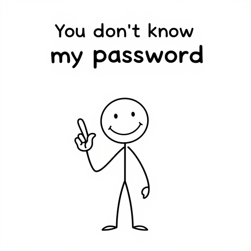Create an image of a simple cartoon stick figure with a smiley face holding up one hand with a raised finger. The background should be a light color. Add the text You dont know my password in a bold, playful font above the figure.