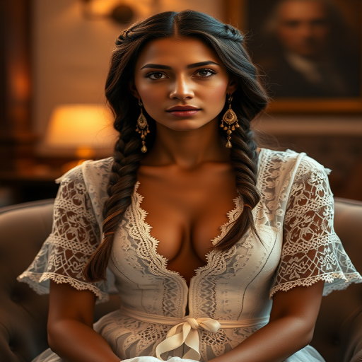 Create a portrait of a refined and elegant Aztec woman seated in a sophisticated setting. She has long, wavy hair styled in two thick braids that are pulled over her shoulders. She wears a white, lace gown with intricate patterns, featuring a deep V-neckline and short sleeves. The dress exudes a vintage charm with its delicate lacework. She is adorned with ornate, dangling earrings that add a touch of glamour to her appearance. The background is softly lit, with warm, ambient lighting that creates a cozy and inviting atmosphere. Her expression is poised and serene, capturing a sense of grace and elegance.