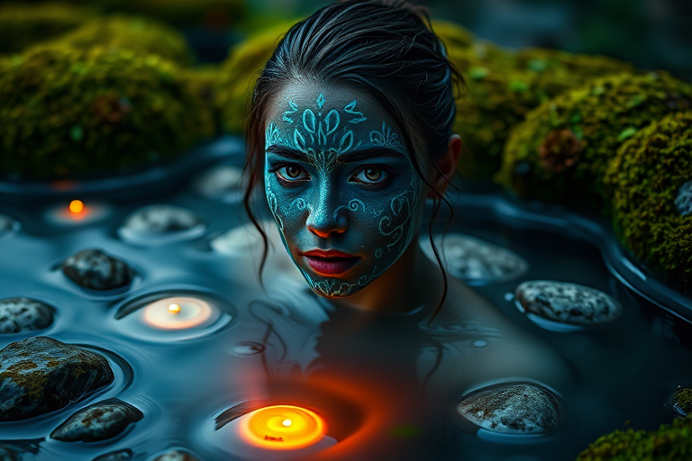 Create a high-resolution image of a woman emerging from a mystical pond surrounded by moss and glowing stones, with intricate blue face paint resembling natural elements, using a Canon EOS R5 with an 85mm f/1.2 lens at ISO 100, aperture f/2.8, and a soft focus background for depth.