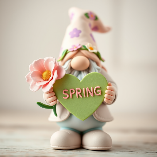 Spring-themed gnome holding a heart with the word "SPRING", pastel colors, playful design, soft lighting, Canon EOS R5, 50mm f/1.2 lens, aperture f/2.8, ISO 100, bright background, slight bokeh effect.
