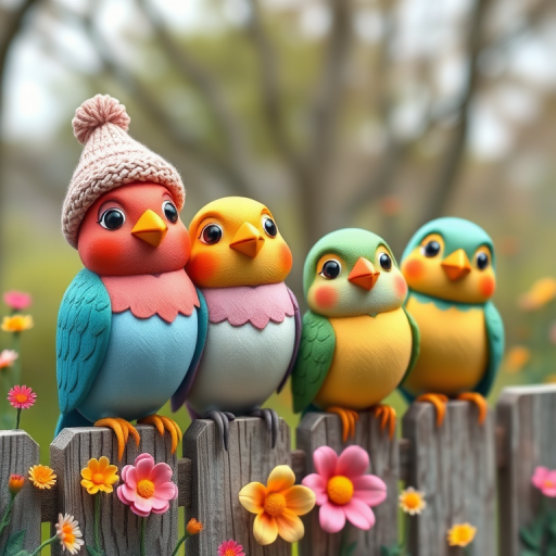 create a scene of 4 quirky  whimsical colourful comical birds each with a funny expression. they are sat on a wooden fence with colourful flowers. they are all different sizes. each one is a different colour  one is wearing a woolly hat. Each one has a different quirky google expression and there is a muted background of trees watercolour paintierly style high definition 8k resolution 3D paper mache
