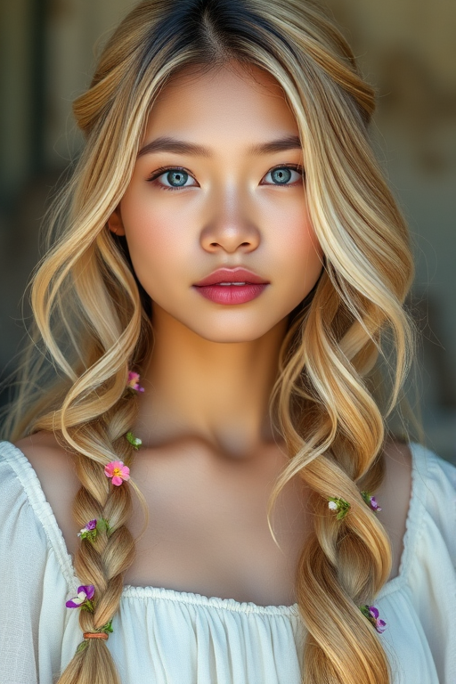Create an image of a young Filipino woman with long, wavy blonde hair, adorned with small, colorful flowers woven into her braids and loose strands. Her complexion is fair, with soft, glowing skin, and she has light blue eyes that gaze softly at the viewer. She wears a light, flowing dress with a gentle, ethereal quality, complementing her delicate and serene appearance. The background is slightly blurred, drawing focus to her tranquil expression and the intricate details of the flowers in her hair. The overall mood of the image is one of natural beauty and grace, evoking a sense of peacefulness and connection with nature.