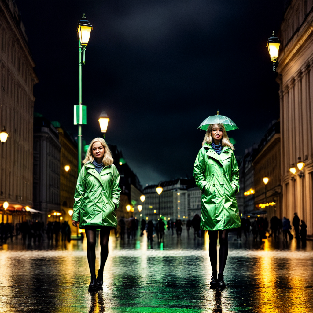 blonde woman in short green rain coat standing underneath a streetlight ...